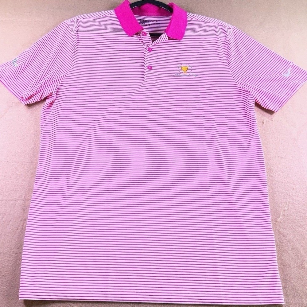 Nike Golf Mens Dri-FIT Presidents Cup Striped Polo Shirt Hot Pink White Medium
